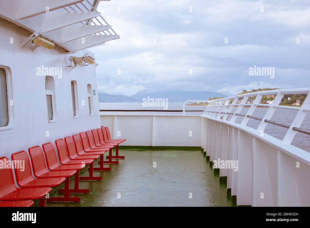 The empty deck of a passenger and car Calmac Ferry travelling from Scottish islands to Wemyss Bay on the mainland Stock Photo