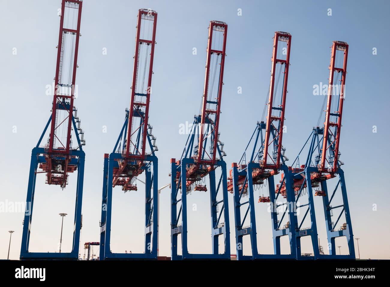 A row of large container gantry cranes with jibs up at the Container Terminal Tollerort CTT in the Port of Hamburg, run by the HHLA Stock Photo