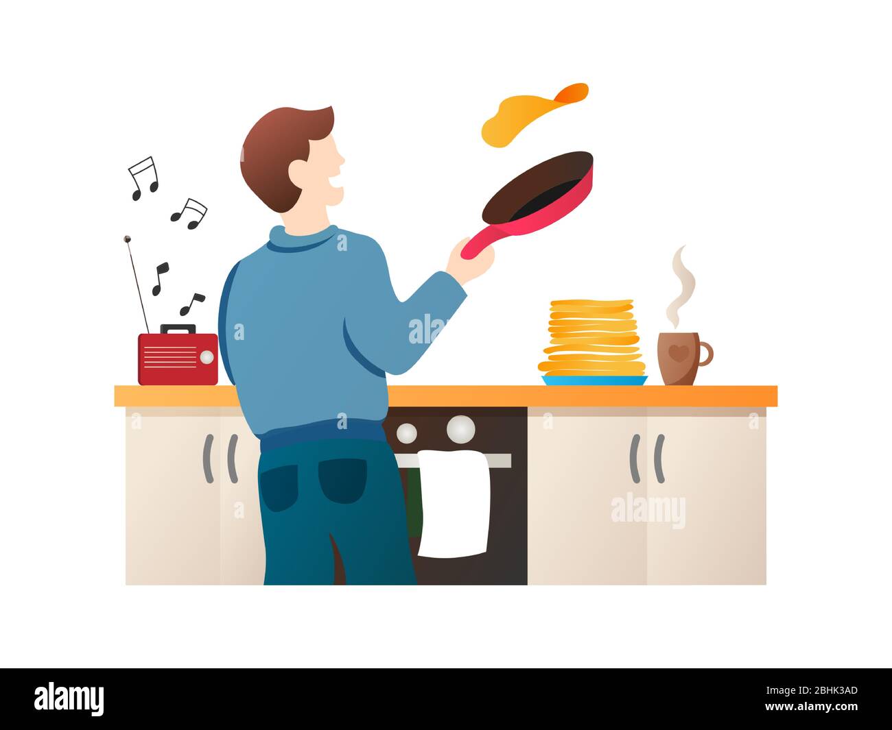 Man baking pancakes vector cartoon character. Guy making dinner