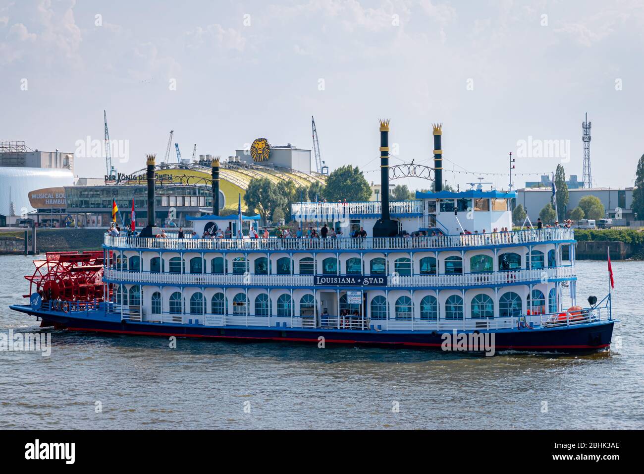 The Louisiana Star paddle steamer boat in Hamburg Harbour with tourists