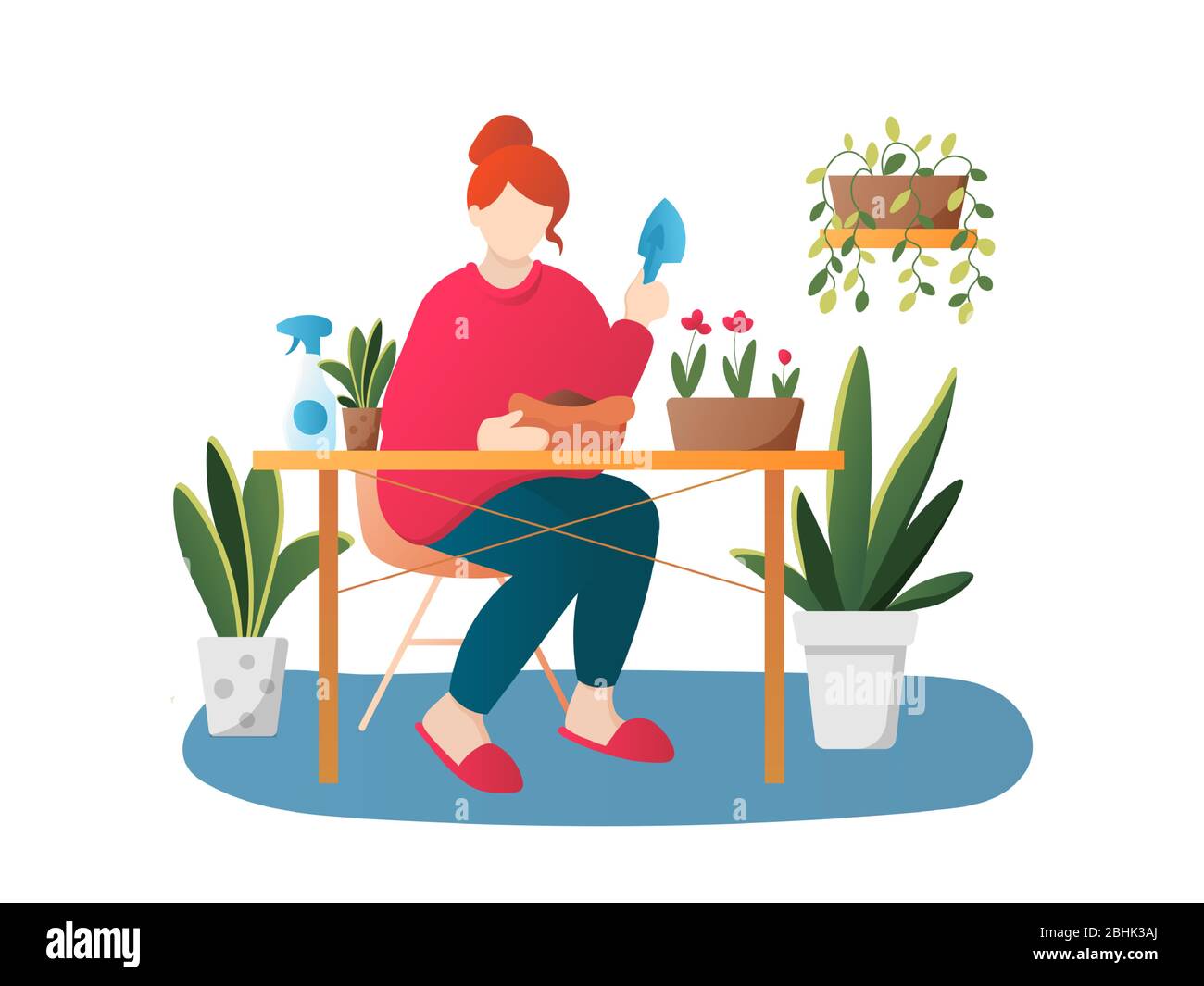 Woman planting flowers vector cartoon character. Girl with houseplants isolated on white. Female florist gardening vector illustration in flat style Stock Vector