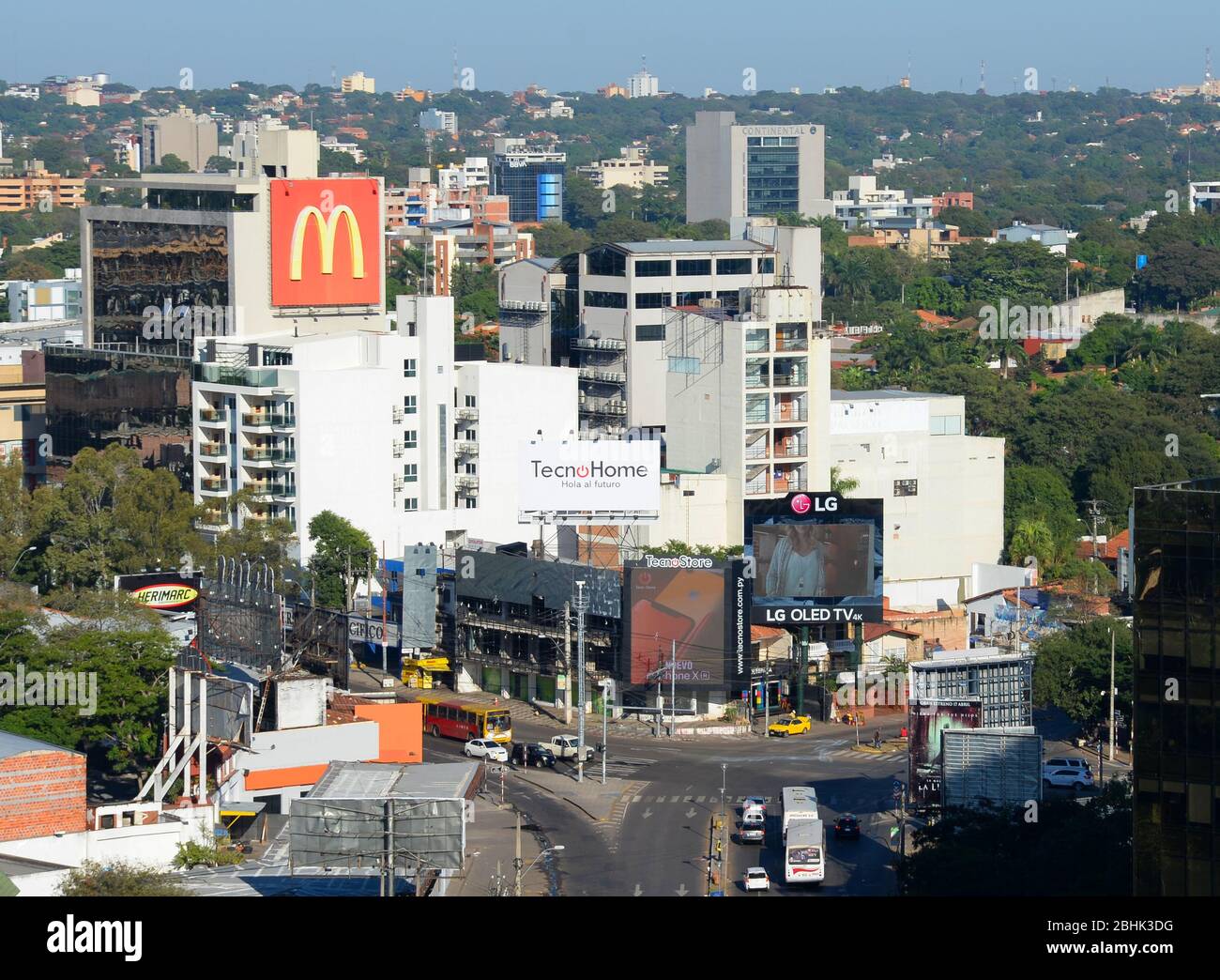 Avenue Aviadores del Chaco, in a modern part of Asuncion, Paraguay with multiple commercial and office buildings. Ycua Sati and Villa Morra. Stock Photo