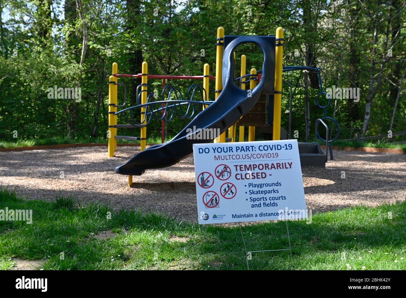 Coronavirus impact, Closed Playground, Neighborhood Albert Kelly Park, Portland, OR 200418 780021 Stock Photo
