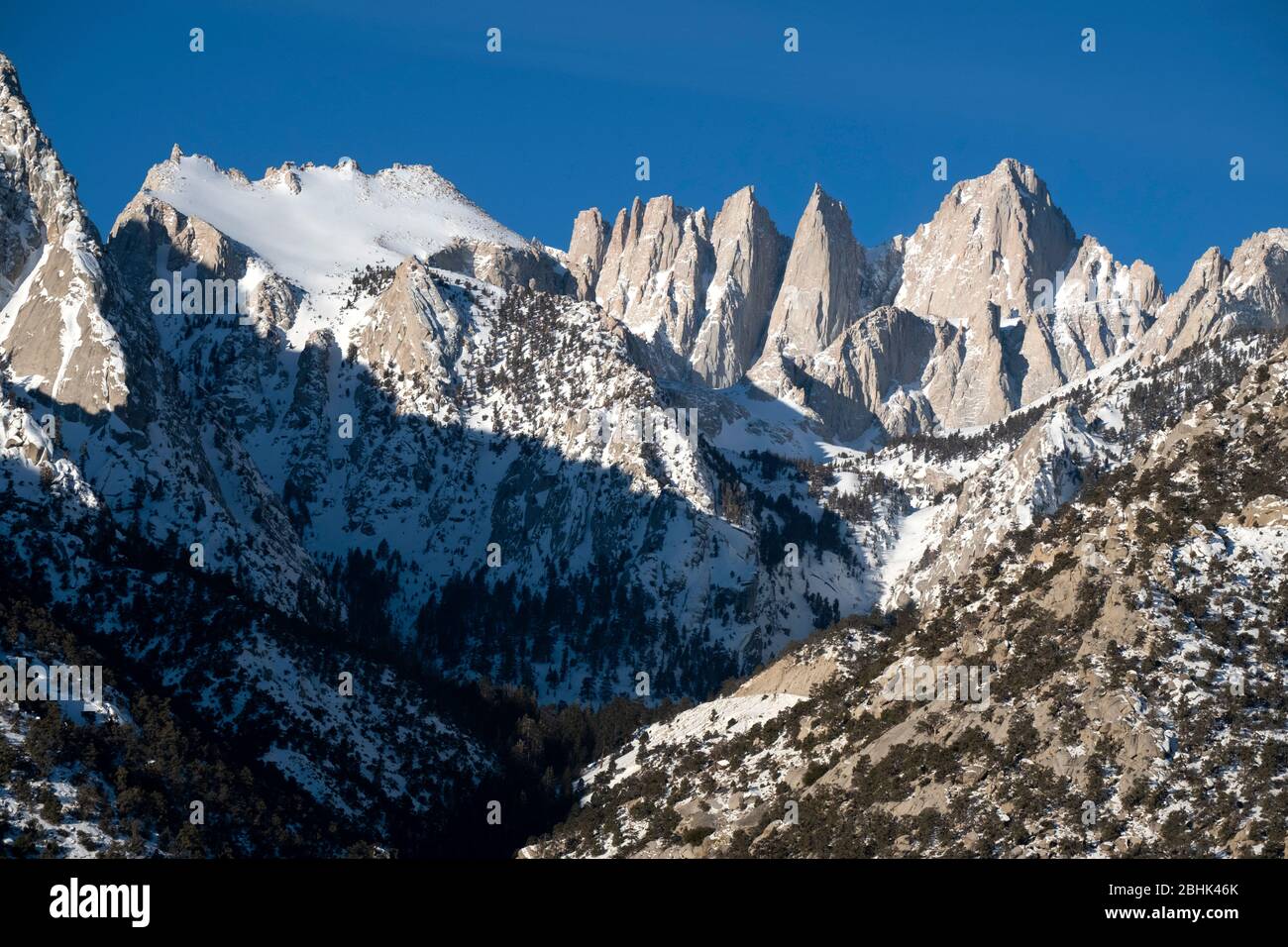 View of the tallest mountain in the continental United States, Mt. Whitney, viewed from the Owens Valley in Inyo County, California Stock Photo