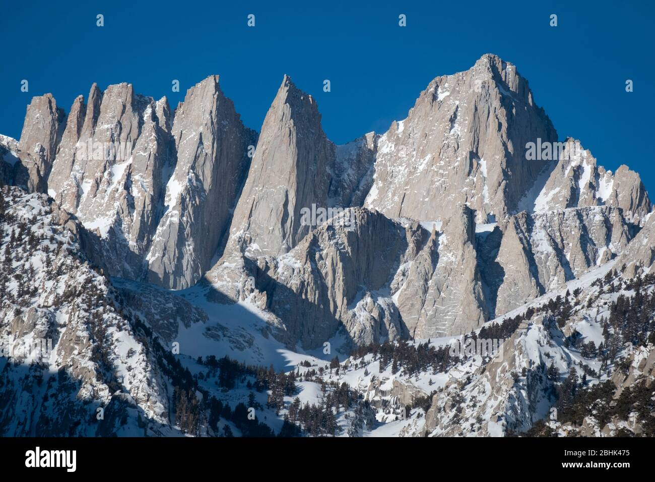 View of the tallest mountain in the continental United States, Mt. Whitney, viewed from the Owens Valley in Inyo County, California Stock Photo