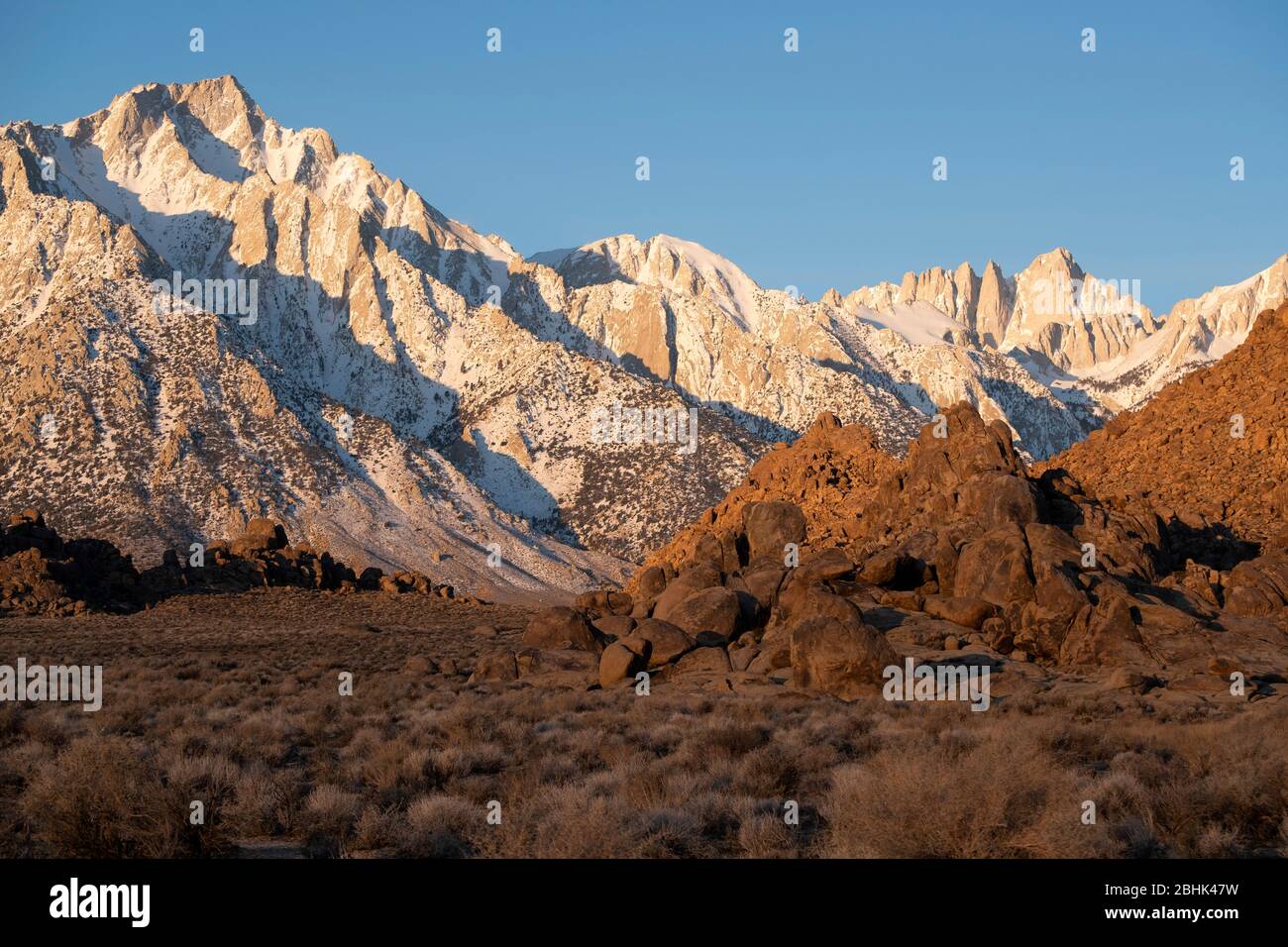 View of Mt. Whitney at dawn from the Alabama Hills in Inyo County, California Stock Photo