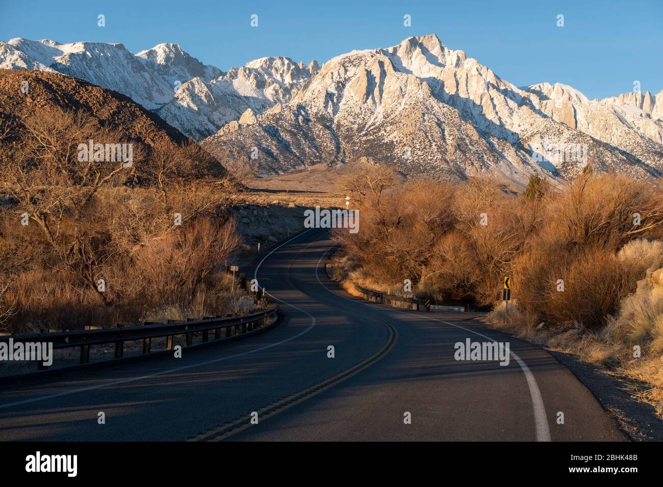 Highway approach to Mt. Whitney in Inyo National Forest near Lone Pine, California Stock Photo