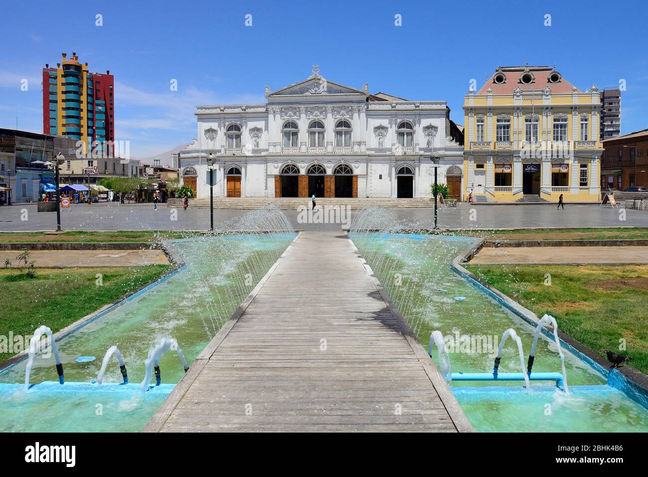 Fountain at Plaza Arturo Prat in front of the Thearter, Teatro Municipal, Iquique, Tarapaca Region, Chile Stock Photo