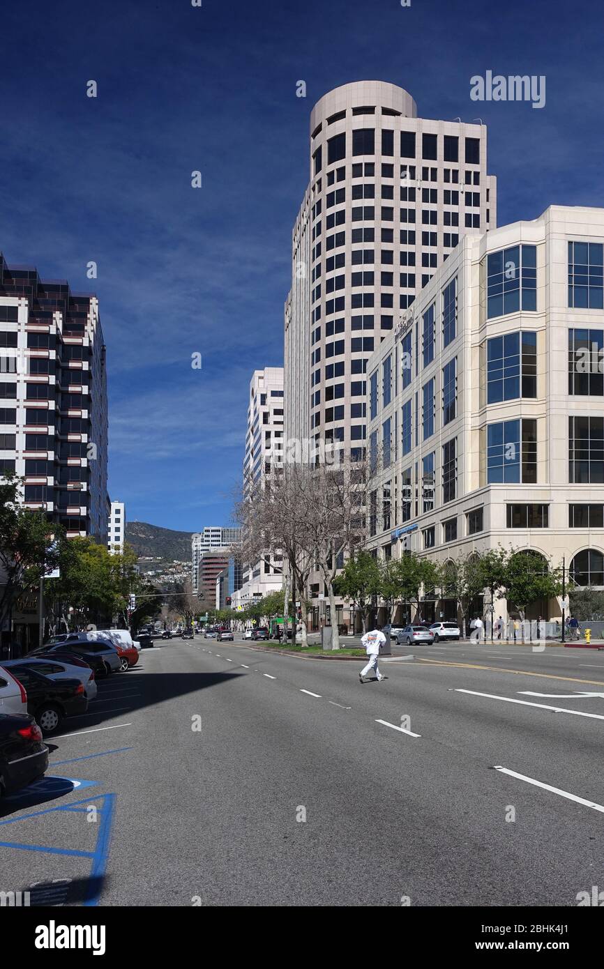Looking up North Brand Blvd at the office towers of downtown Glendale California street view Stock Photo