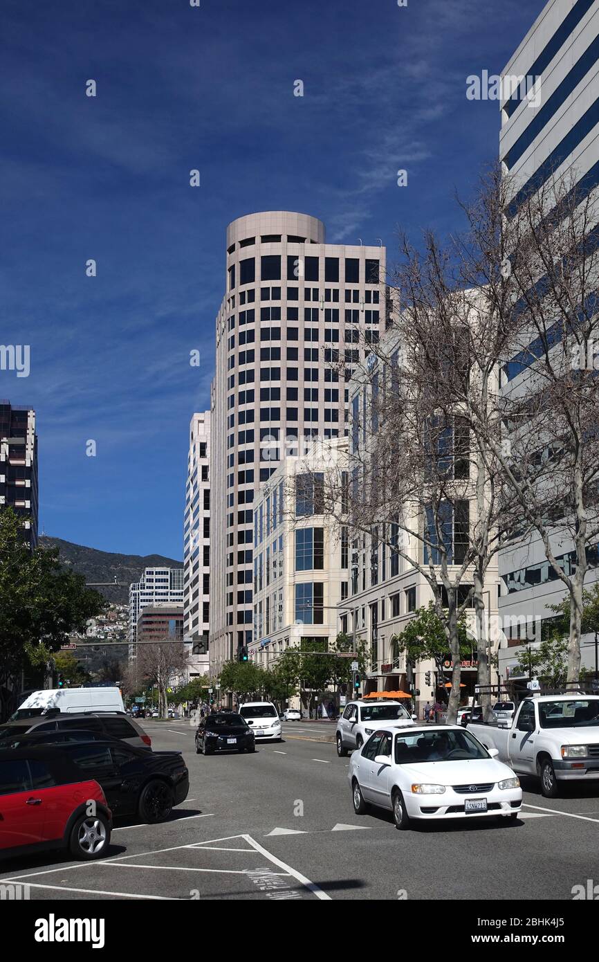 Looking up North Brand Blvd at the office towers of downtown Glendale California street view
