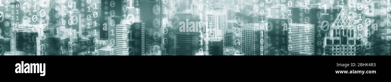 Digital city concept. Mixed Media Binary Code. Banner website. Stock Photo