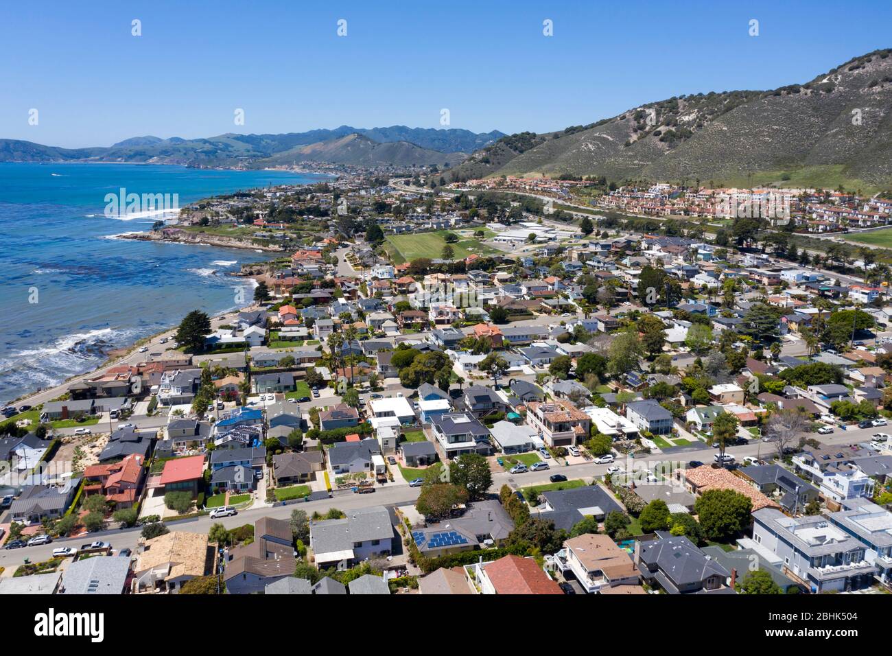 Aerial view above rugged central California coastline in the city of Pismo Beach Stock Photo