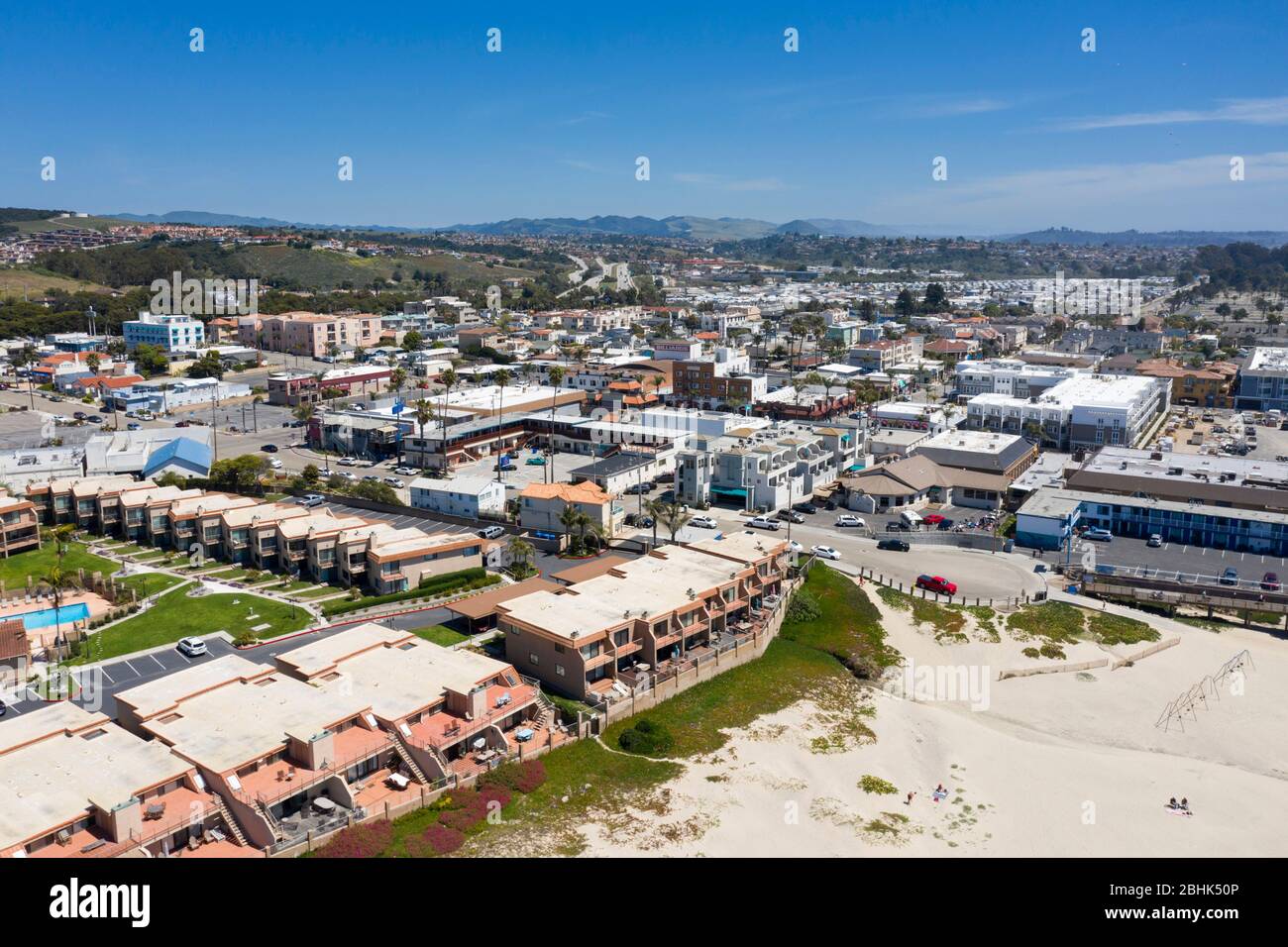 Aerail Views above downtown Pismo Beach along the central California coast Stock Photo