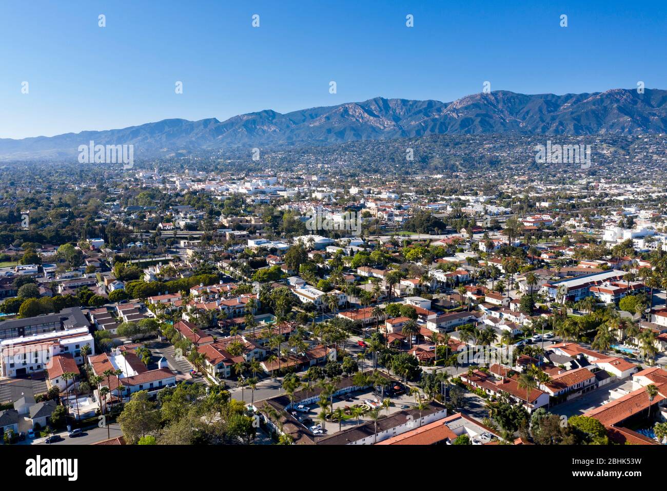 Aerial view above downtown in the city of santa barbara california on