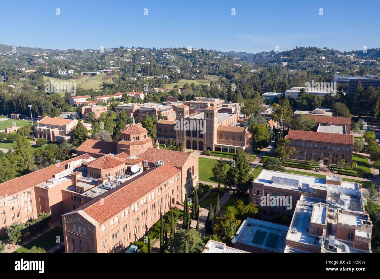 Aerial views above UCLA, Royce Hall and Powell Library, Westwood, Los Angeles, California Stock Photo