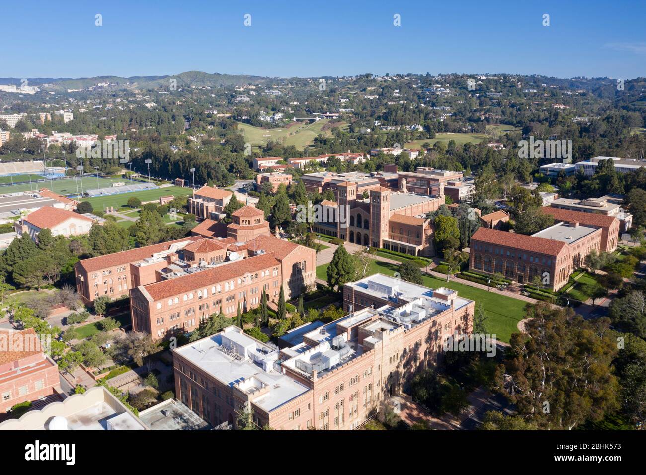 Aerial views above UCLA, Royce Hall and Powell Library, Westwood, Los Angeles, California Stock Photo