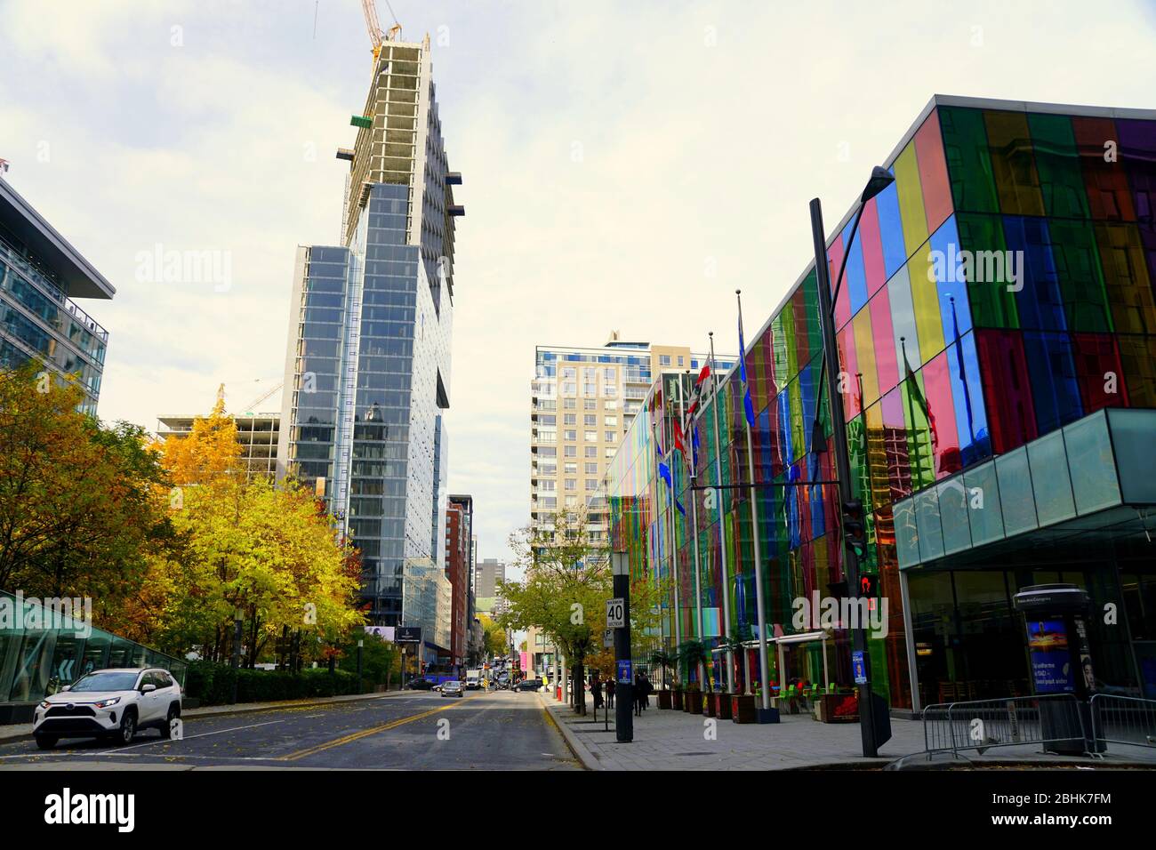 Montreal, Canada - October 27, 2019 - The view of the street near the colorful Palais des Congrès building Stock Photo