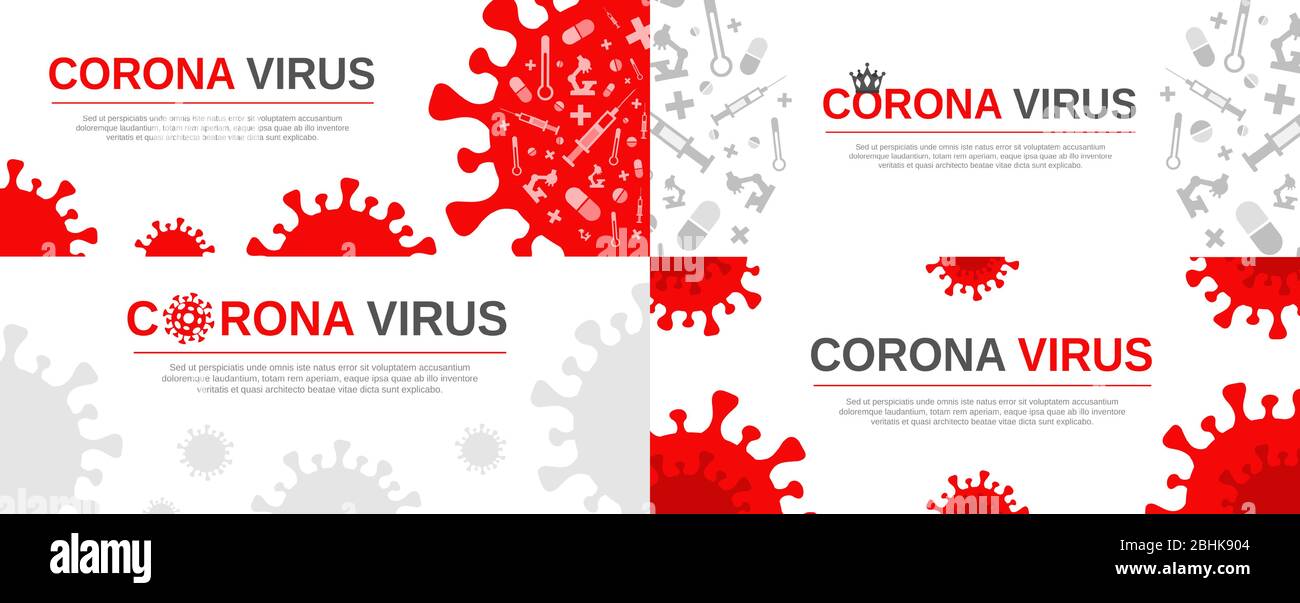 Set of Coronavirus banners design templates with text space. Dangerous Covid-19 cells flat illustration. Novel coronavirus 2019-ncov outbreak and global pandemic vector banner concept. Stock Vector