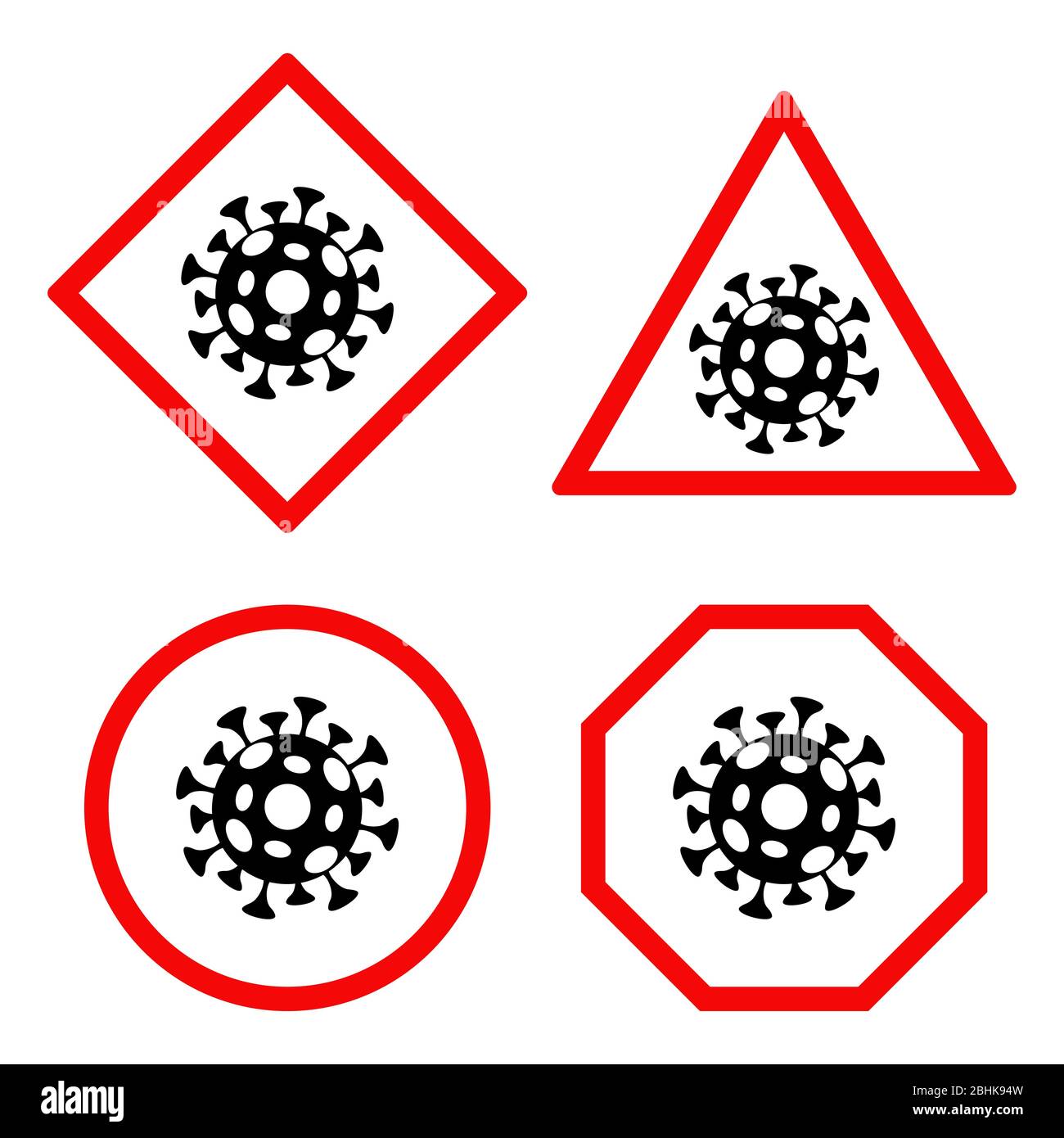 Coronavirus Covid-19 cells in red road icons vector flat illustration. Stop 2019-ncov virus logo concept. Health care, quarantine and self isolation during global pandemic of China influenza. Stock Vector