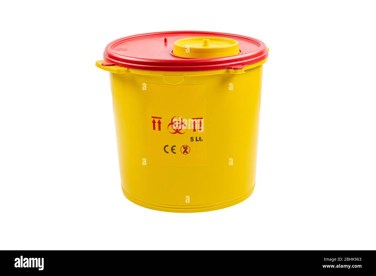 Medical Waste Rubbish Bins & Sharps Waste Management 5 liter. Yellow biohazard medical contaminated clinical waste container isolated on white backgro Stock Photo