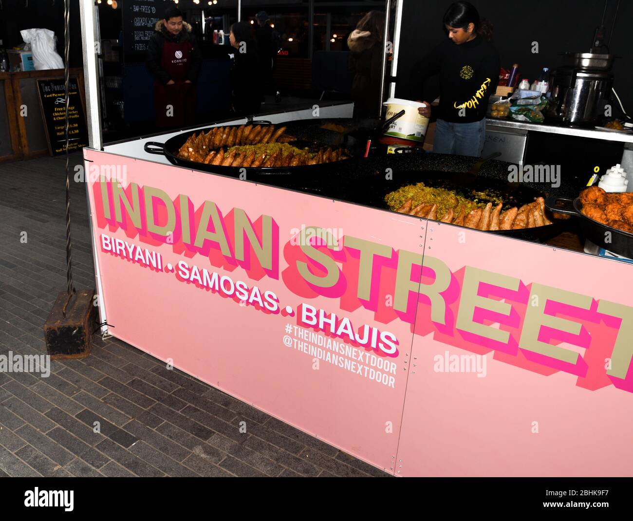 Oriental food Indian takeaway at a London's market. Fresh Food Buffet