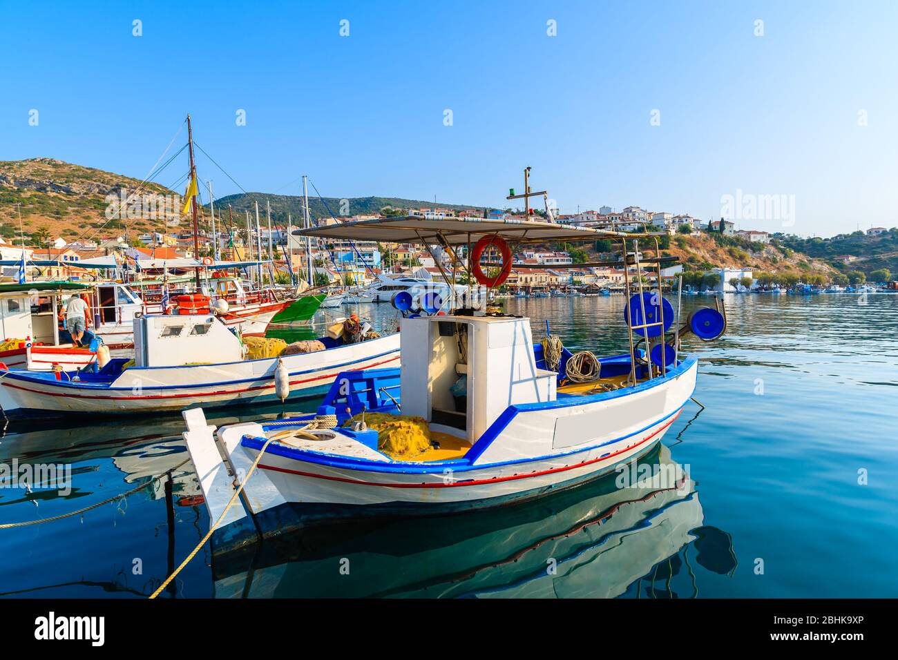 Beautiful traditional fishing boats in Pythagorion, Samos island, Greece Stock Photo