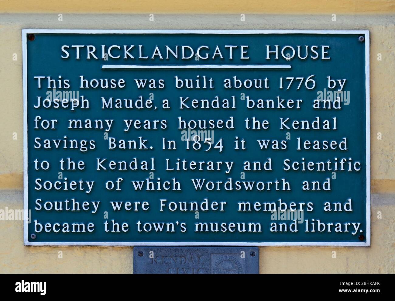 Descriptive plaque. Stricklandgate House, Stricklandgate, Kendal