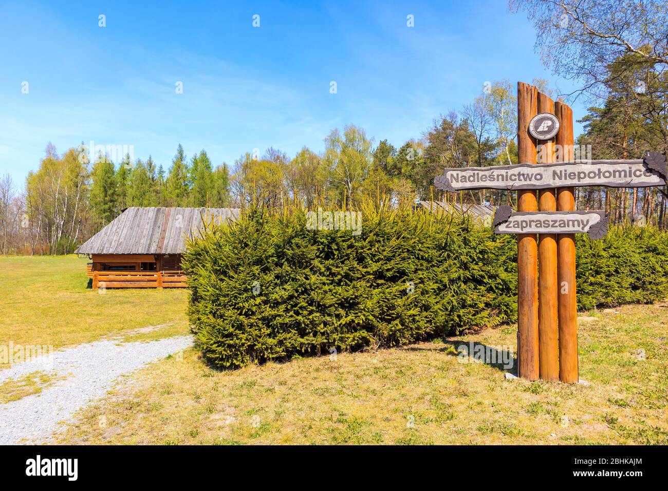 Entrance to rest area in Puszcza Niepolomicka near Krakow city, 'Nadlesnictwo Niepolomice' translation is Superintendence Niepolomice, Poland Stock Photo