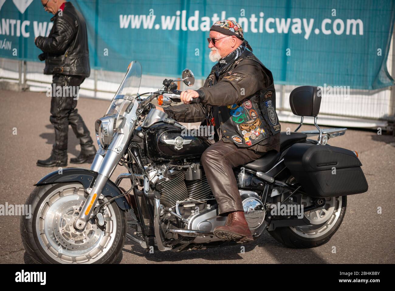 Senior biker riding motorcycle at the Harley Davidson Bike Fest gathering in Killarney, County Kerry, Ireland Stock Photo