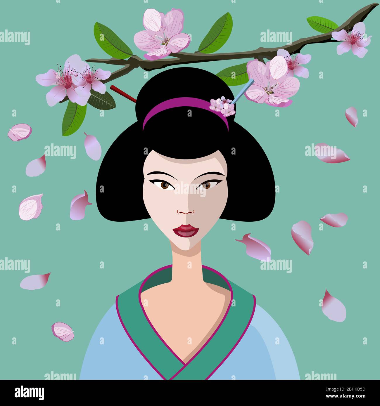 Cute geisha vector with sakura flowers branch isolated on light green background. Young japanese geisha and sakura pink flowers branch with sakura pet Stock Vector