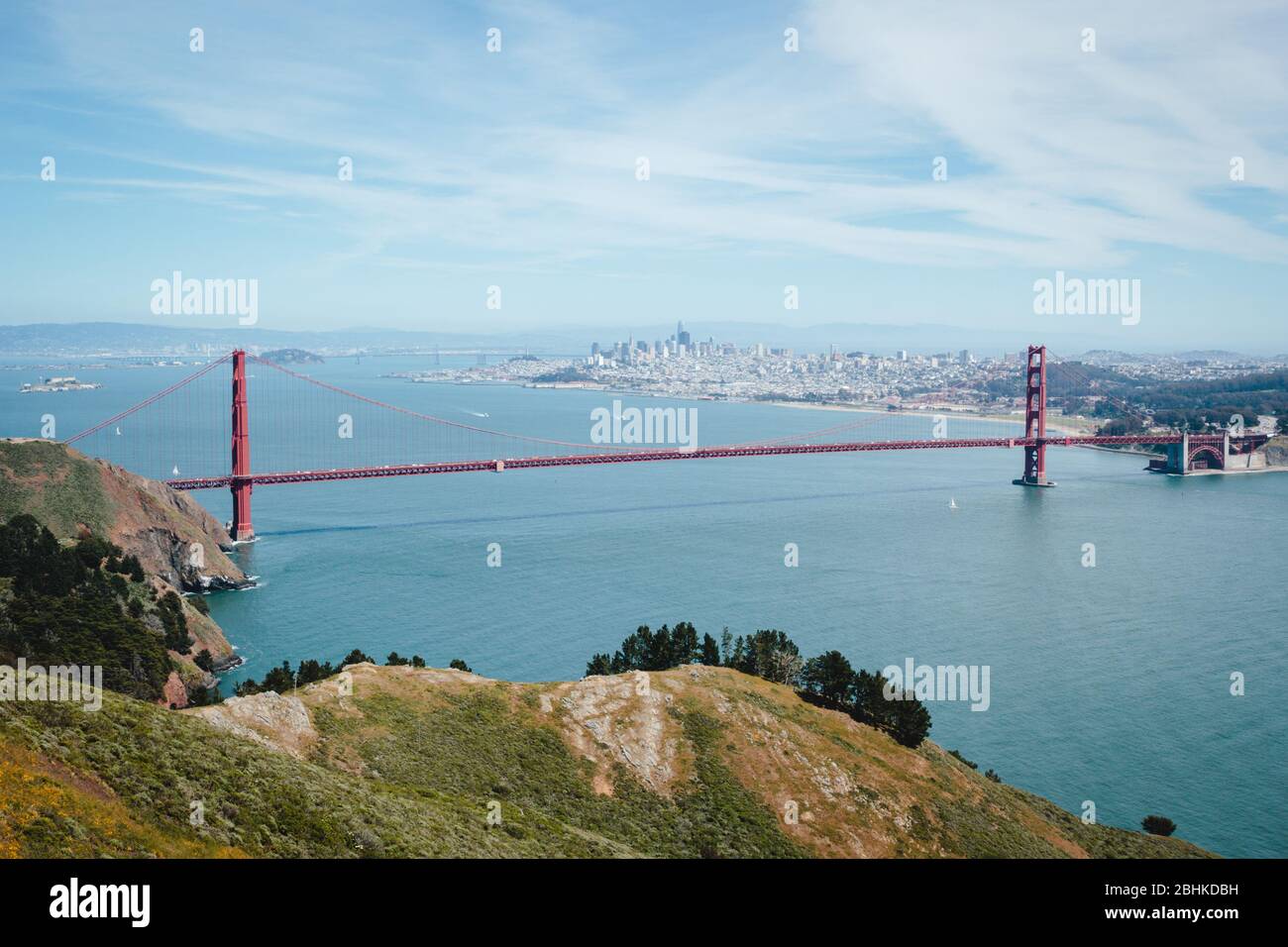 Scenic San Francisco city downtown skyline with Golden Gate Bridge view from Golden Gate