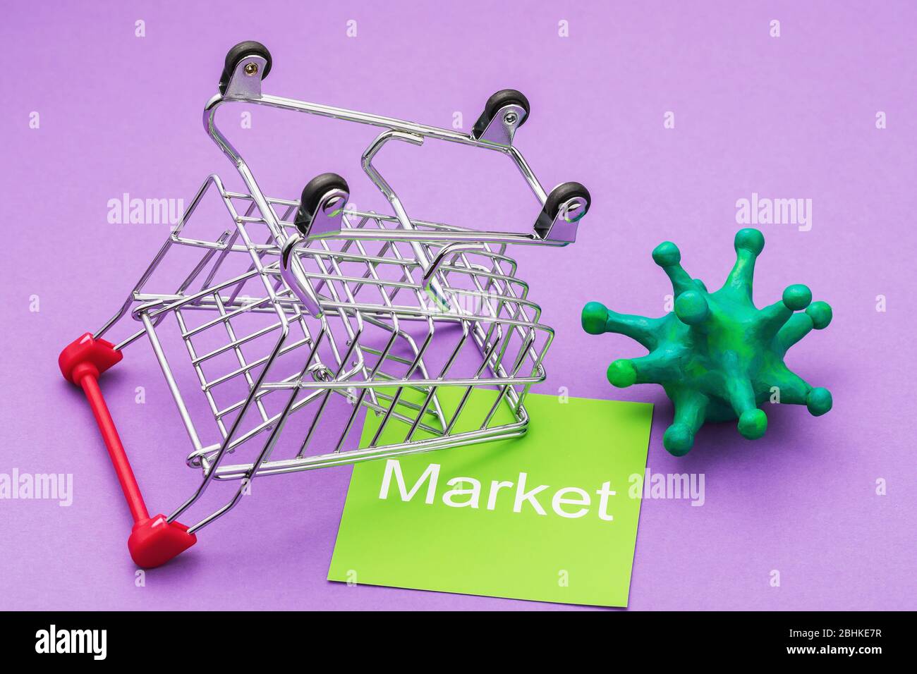 Inverted grocery basket, a note with text and a toy coronavirus on a