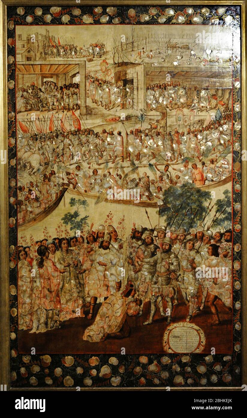 The Conquest of Mexico. Anonymous author. Table, oil, nacre. Scenes of the conquest, entry of Hernan Cortes into Mexico and reception of Moctezuma. 1676-1700. Mexican School. Viceroyalty of New Spain. Mexico. Museum of the Americas. Madrid, Spain. Stock Photo
