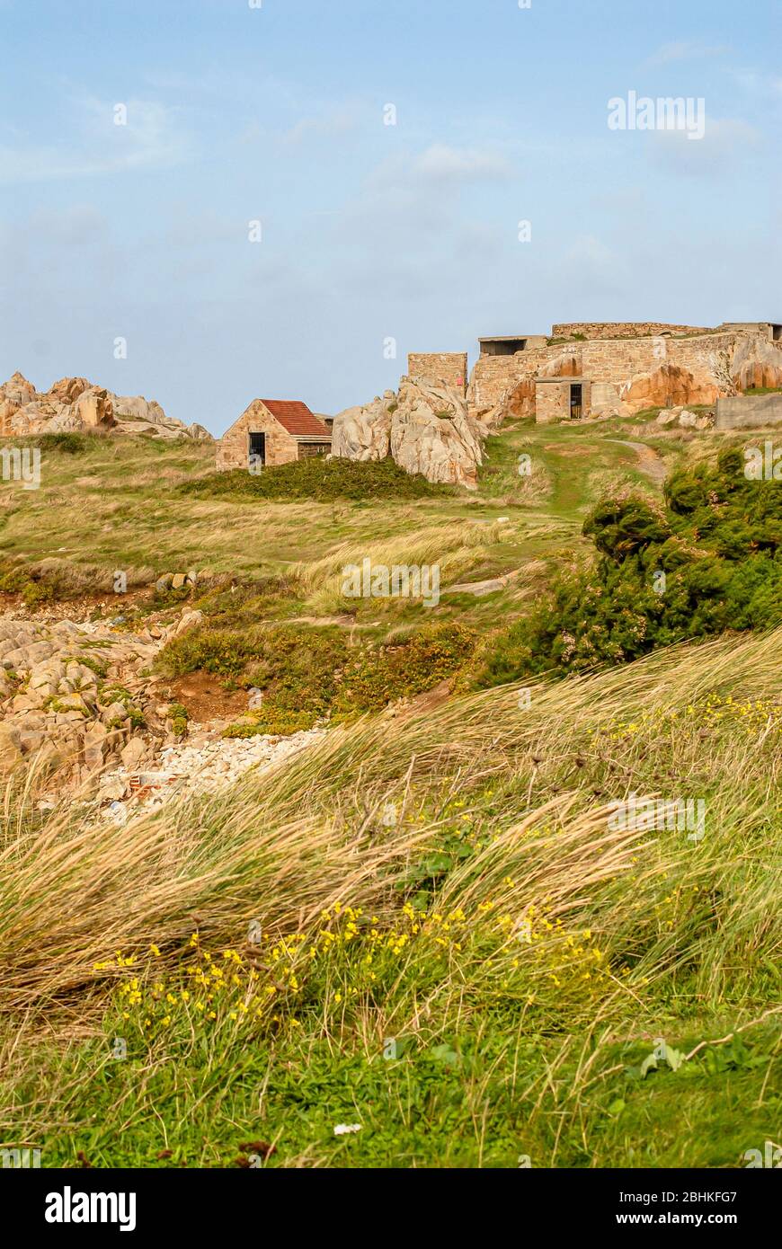 Ruins of German WW2 fortifications at the coastline of Guernsey, Channel Islands, UK Stock Photo