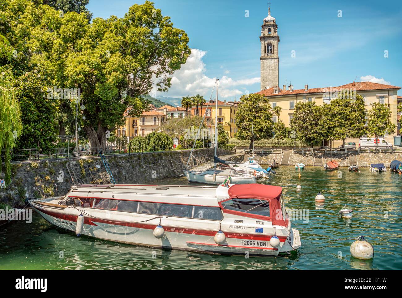 Motor boat in the Marina of Pallanza at Lago Maggiore, Piemont, Italy Stock Photo