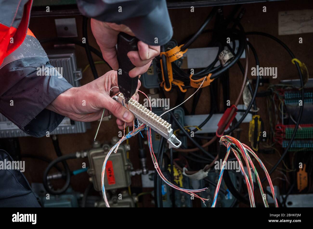 Virgin Media Engineers installing Stock Photo Alamy