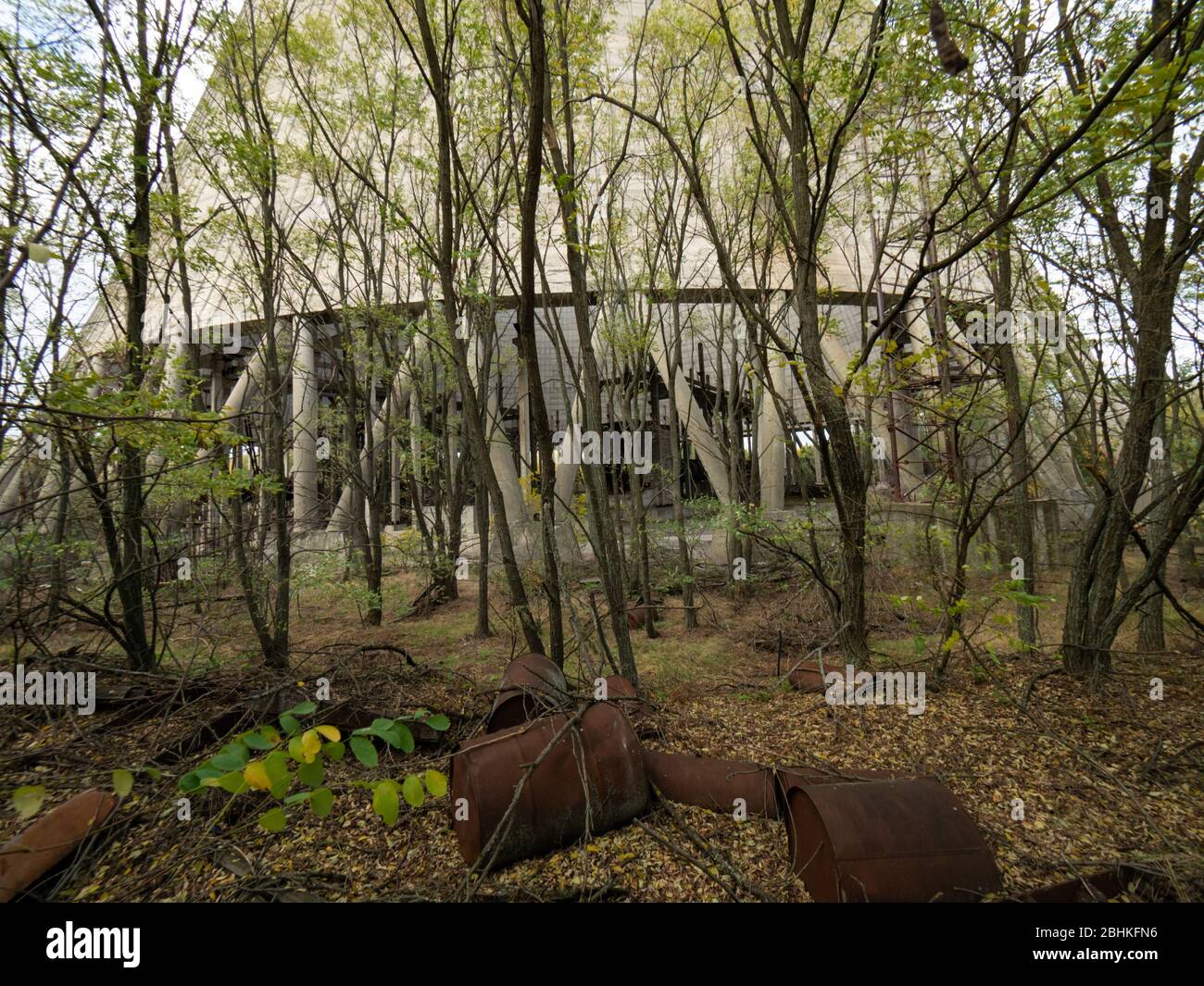 Unfinished cooling tower in Chernobyl zone at afternoon, fall season ...