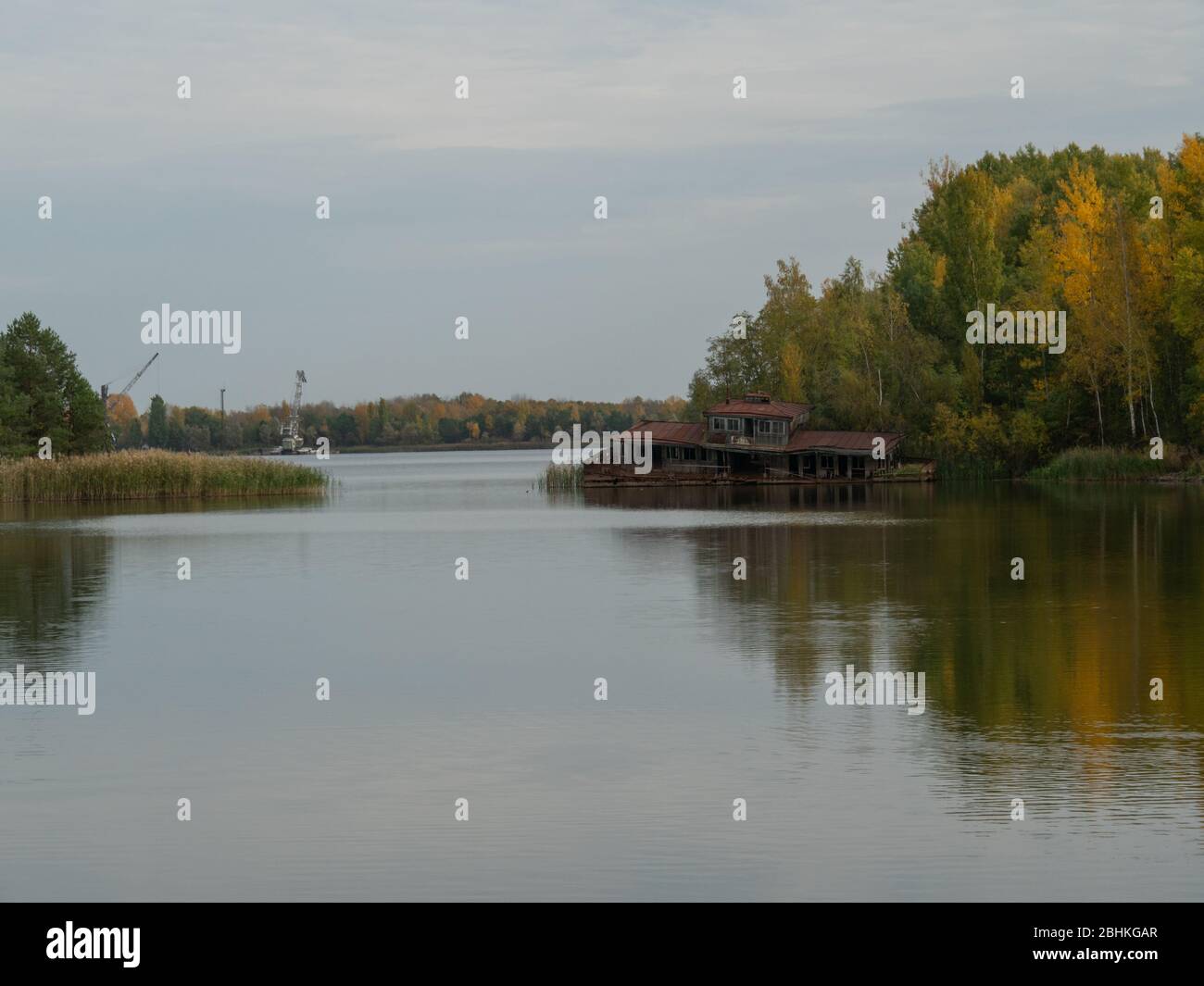 Abandoned bay on the lake in Pripyat in Chernobyl Exclusion Zone. Ukraine. Stock Photo