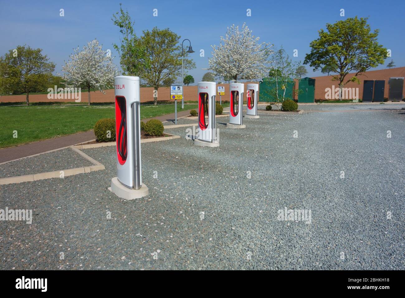 Tesla charging points, Darts Farm, Topsham, Devon, England Stock Photo