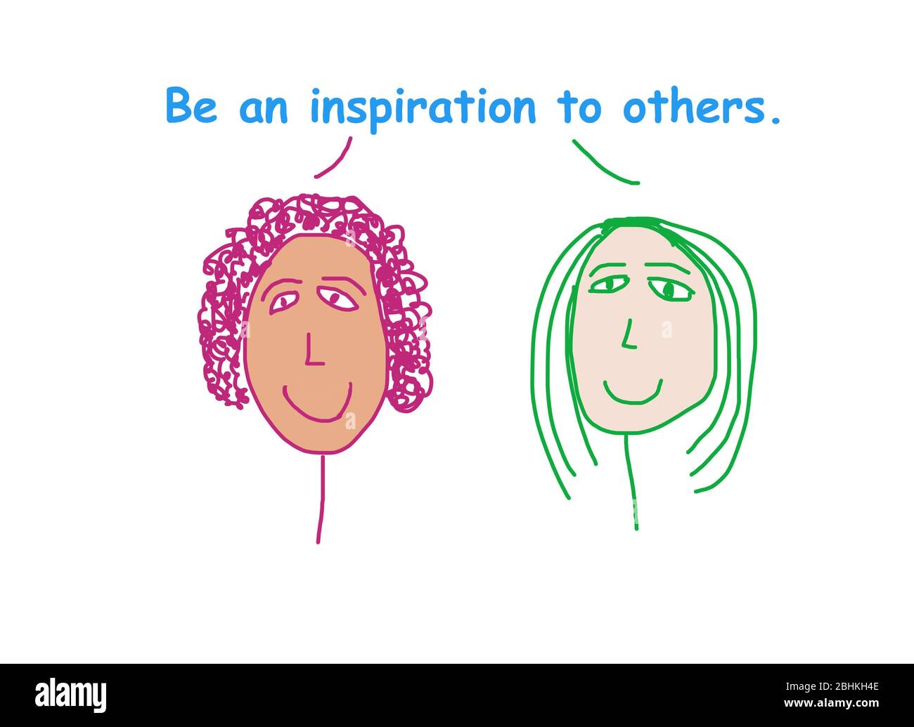 Color cartoon of two smiling ethnicallhy diverse women saying be an inspiration to others. Stock Photo