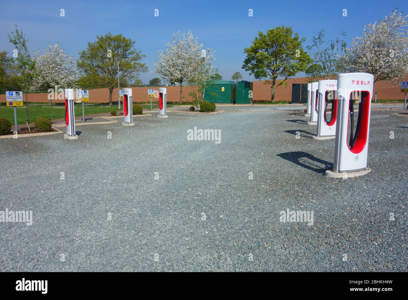 Tesla charging points, Darts Farm, Topsham, Devon, England Stock Photo