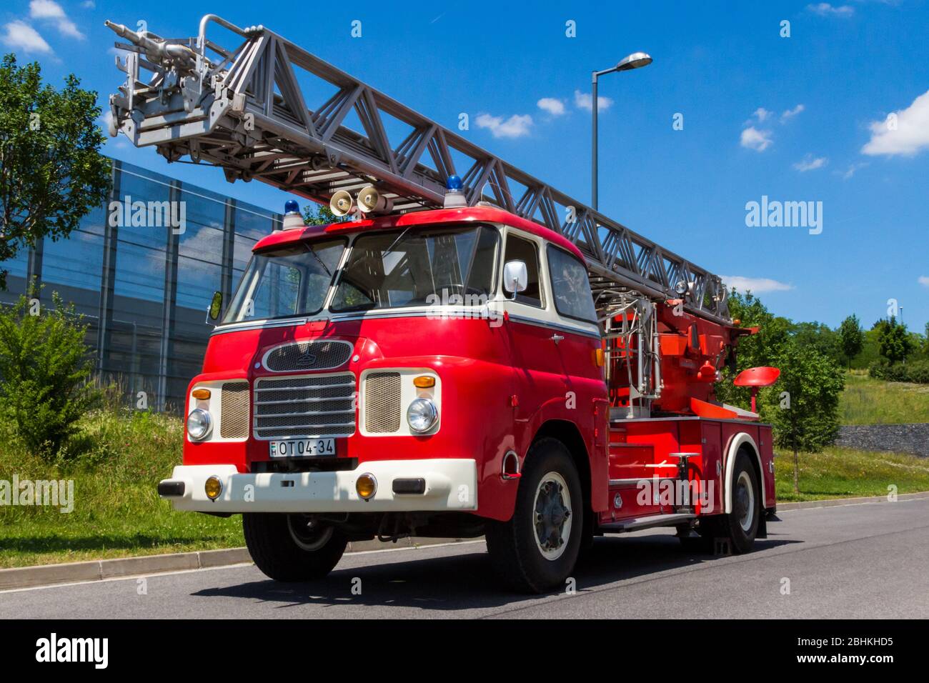 Csepel D710 Hungarian made fire truck engine with ladder exhibited at old-timer car show, Sopron, Hungary Stock Photo
