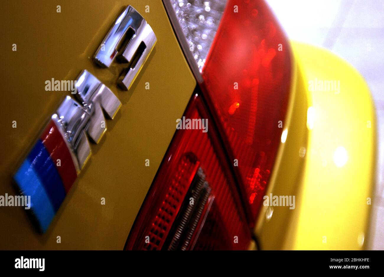 Picture shows the M3 series badge and rear lights at a BMW showroom in Central London. Stock Photo