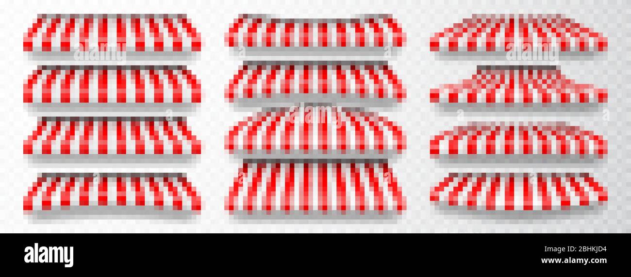 Realistic striped shop sunshade. Store awning. Shop tent isolated set ...