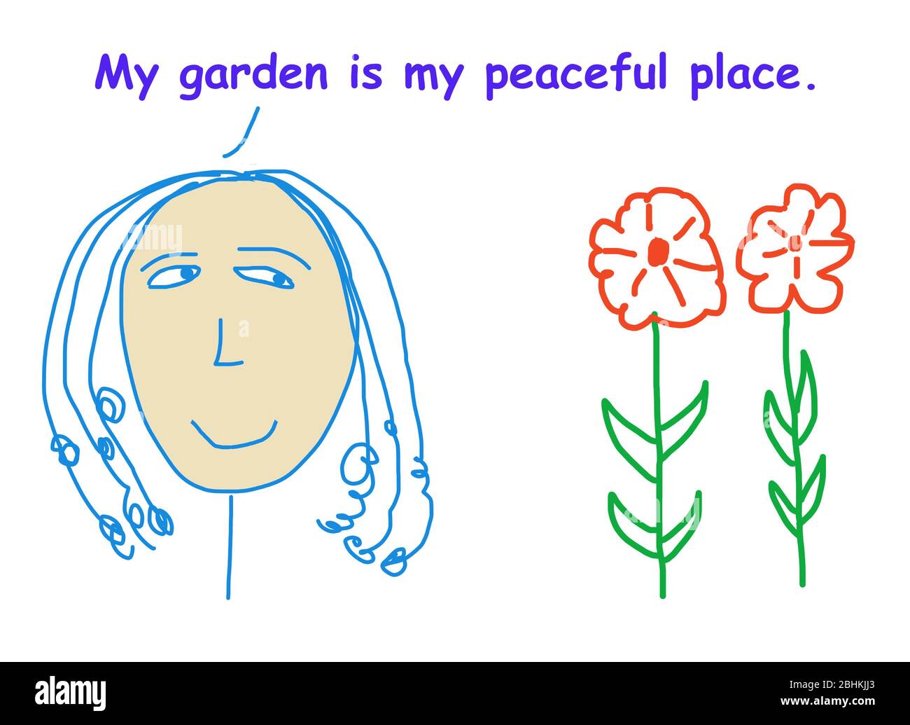 Color cartoon of smiling woman and flowers, she is saying her garden is her peaceful place. Stock Photo