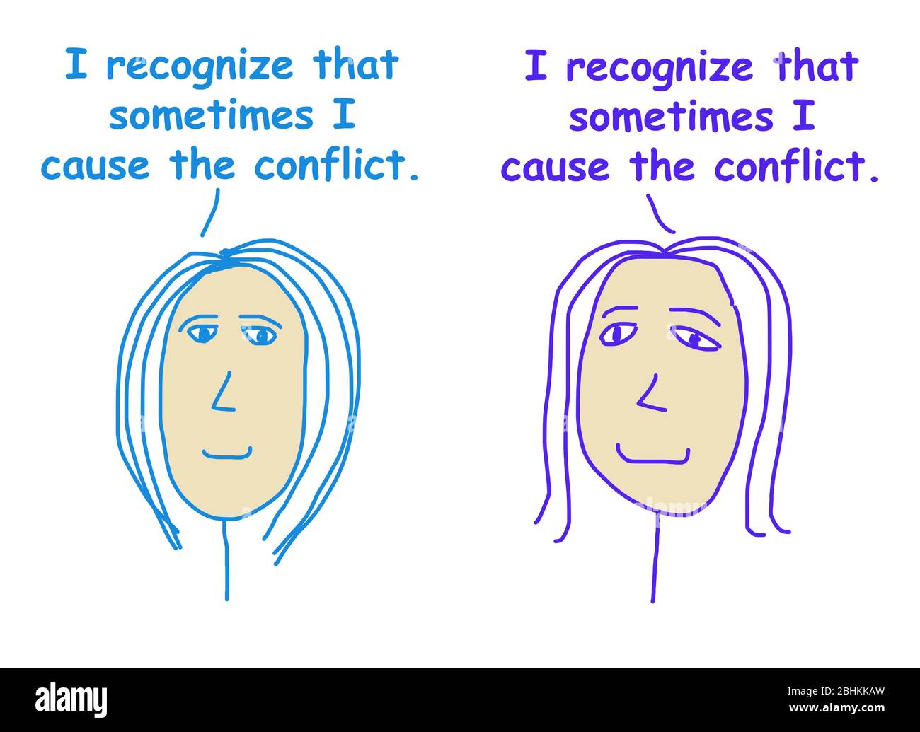 Color cartoon of two women both saying that they recognize that sometimes they cause the conflict. Stock Photo