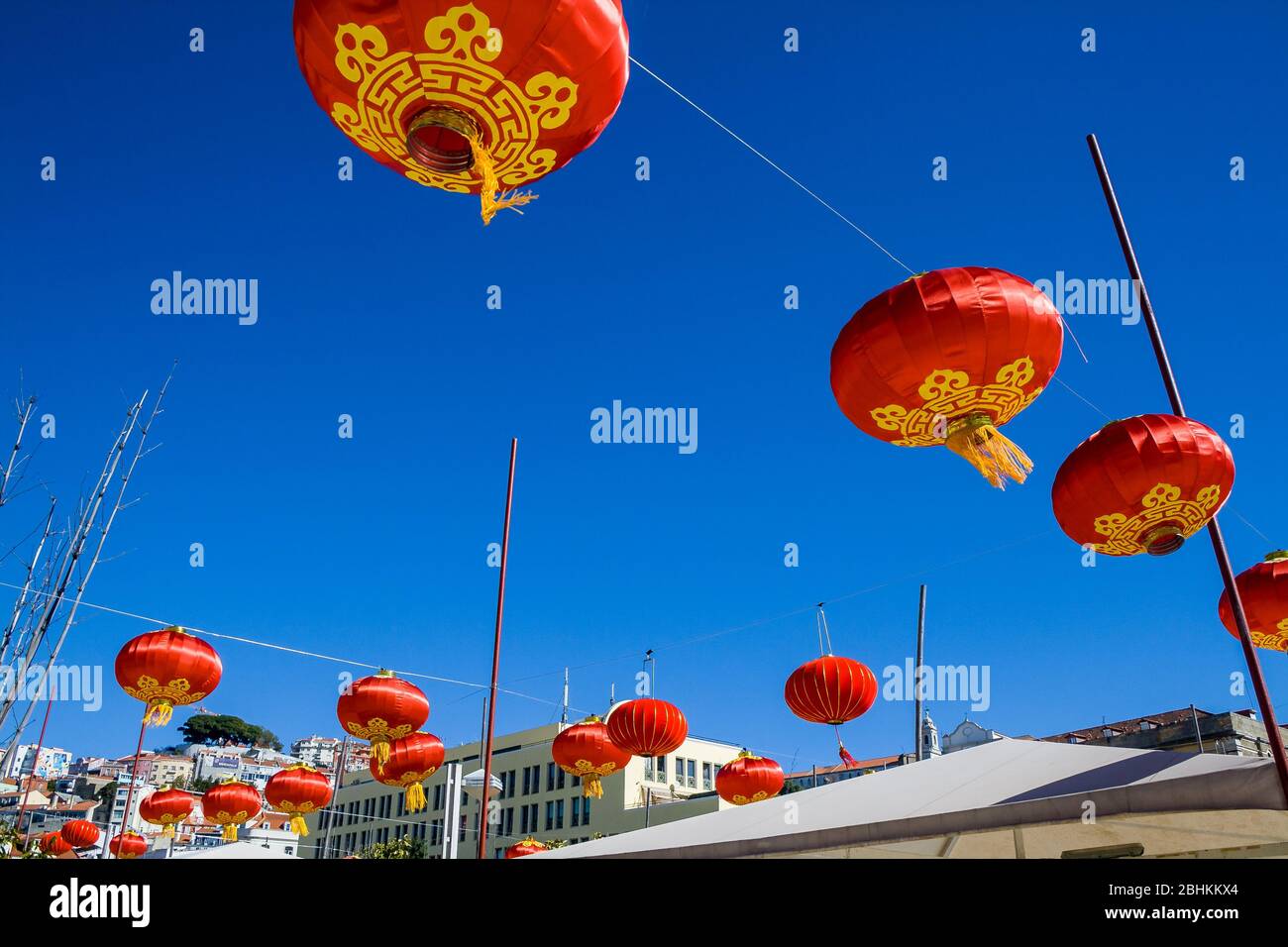Chinese lantern against a blue sky in the Chinese district of Lisbon, Portugal Stock Photo