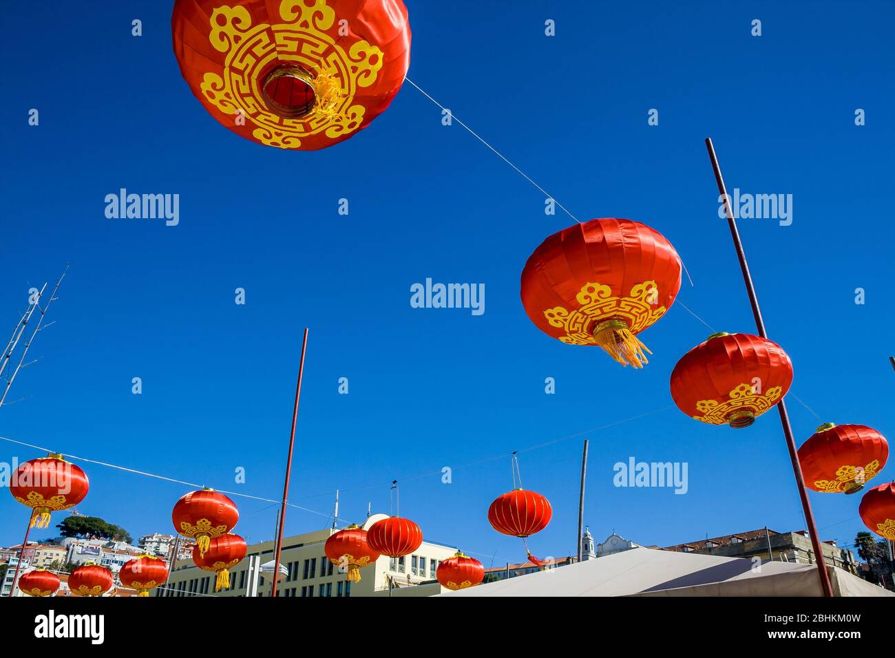 Chinese lantern against a blue sky in the Chinese district of Lisbon, Portugal Stock Photo