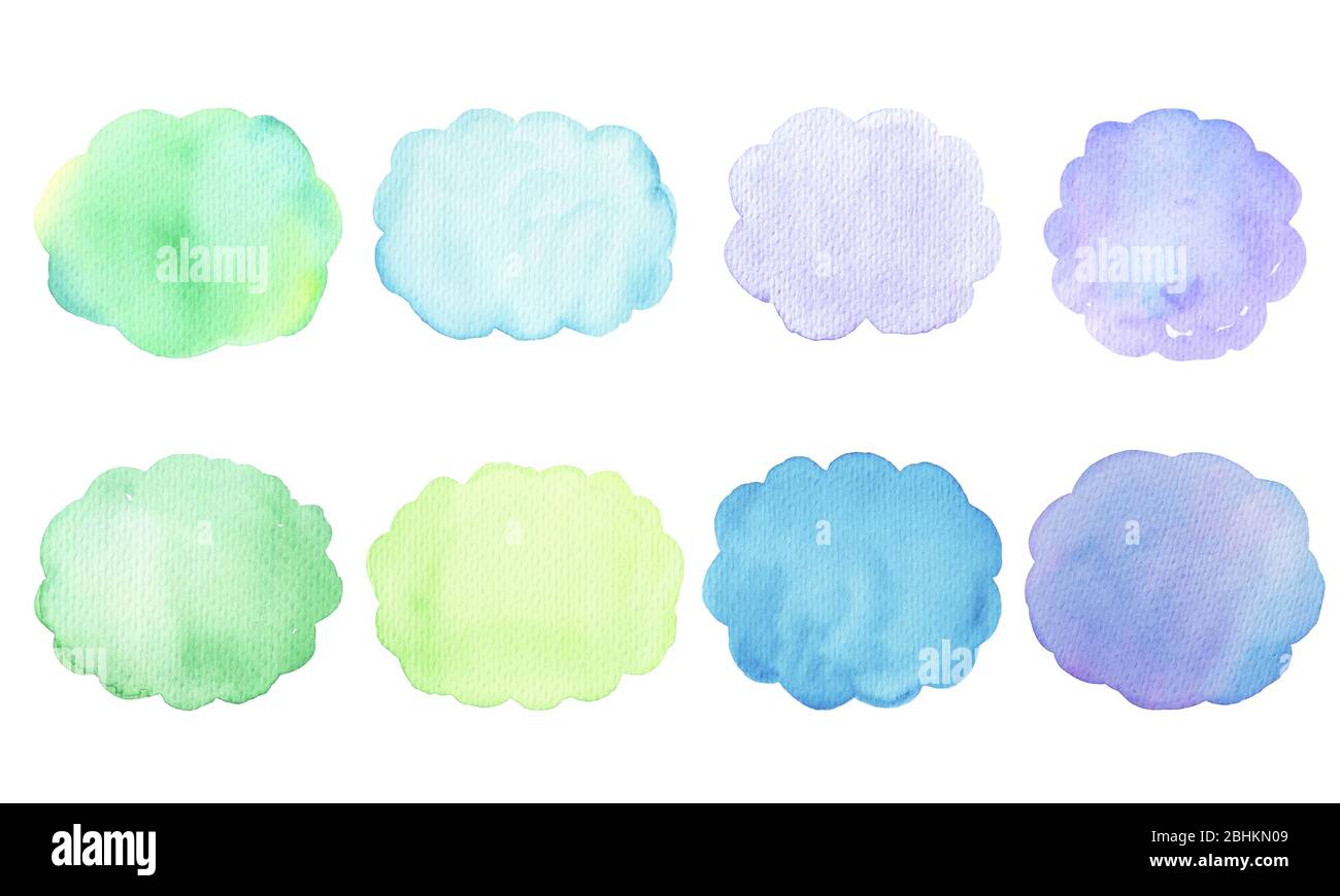 Watercolor set of colorful stains. Blue, green, purple watercolor stains. Hand painted abstract texture backgrounds. Hand drawn illustration. Design f Stock Photo