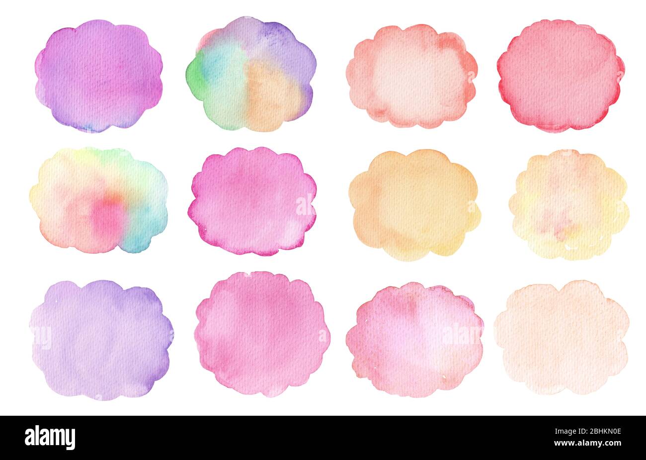 Watercolor set of colorful stains. Red, pink, yellow, orange, purple watercolor stains. Hand painted abstract texture backgrounds. Hand drawn illustra Stock Photo